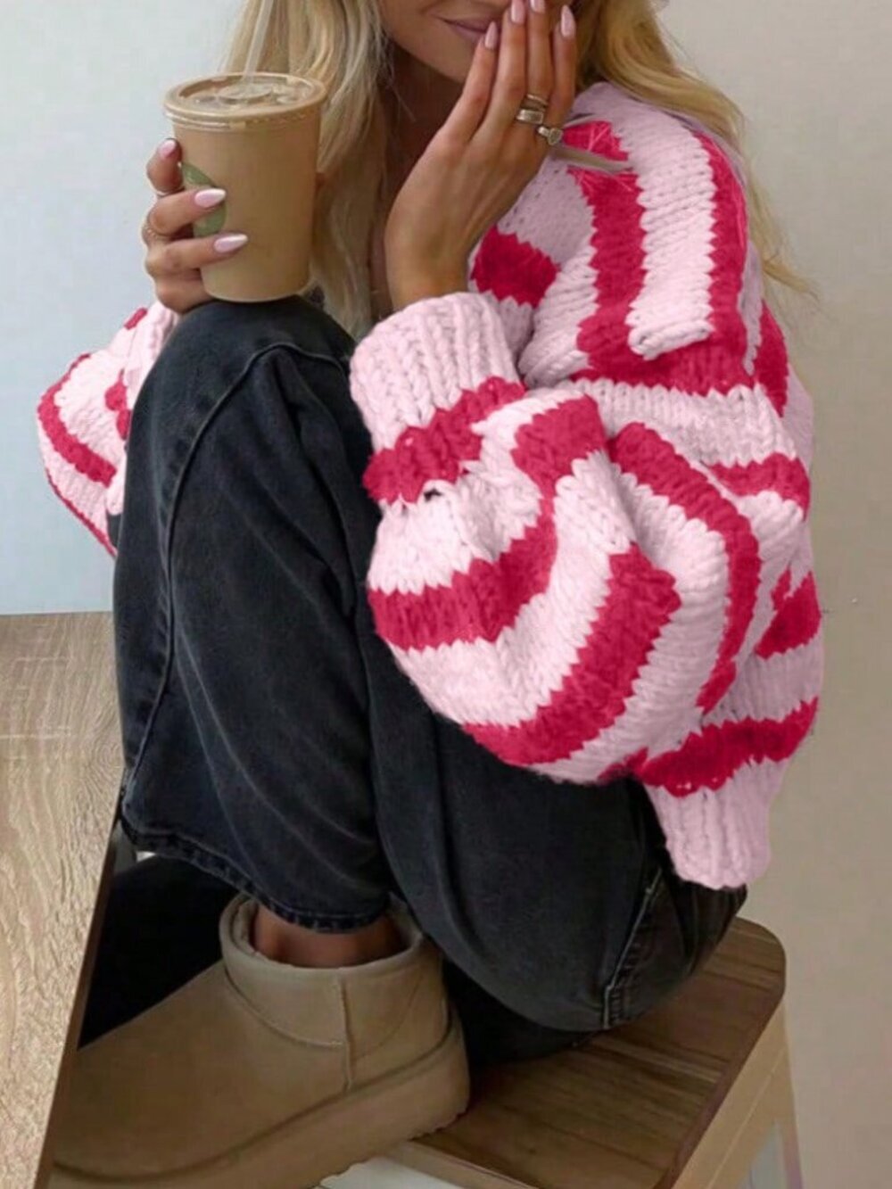 Pink Casual Women's Cropped Contrast Stripe V-Neck Cardigan
